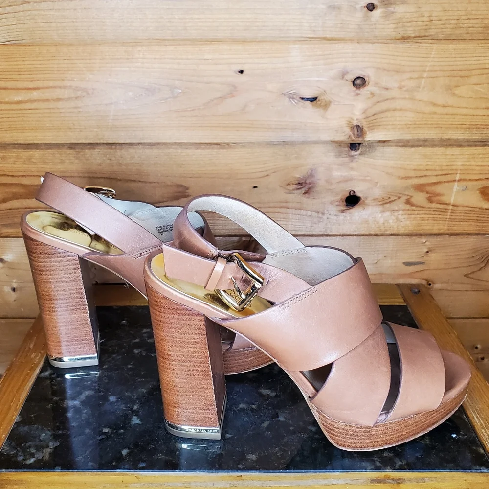 ❤️ Michael kors plataform high heels sedgwick slingback luggage leather …
